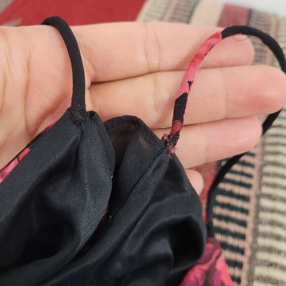 Y2K Express Midi Slip Dress Sz 7/8 Black Red Floral Ruffle High Low Dark Romanti - Picture 10 of 10